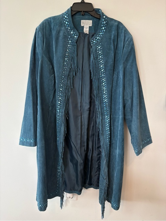 Unique Vintage Jackets & Blazers - INSANE Y2K Women's Teal Suede Fringe Coat beaded event concert XL